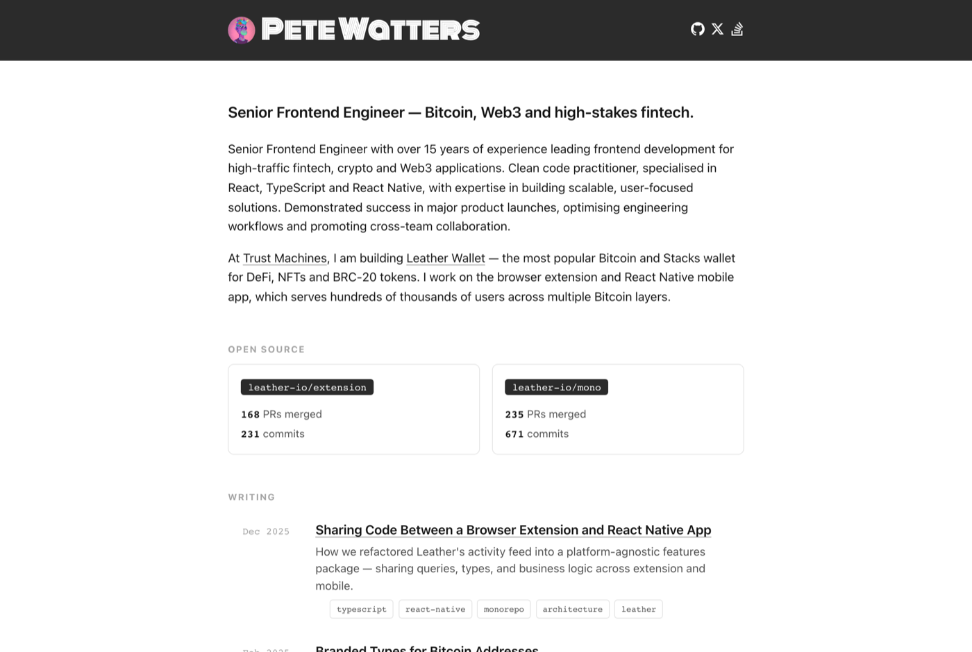 The current homepage on Astro: structured hero, an open-source contributions section, and a writing list.