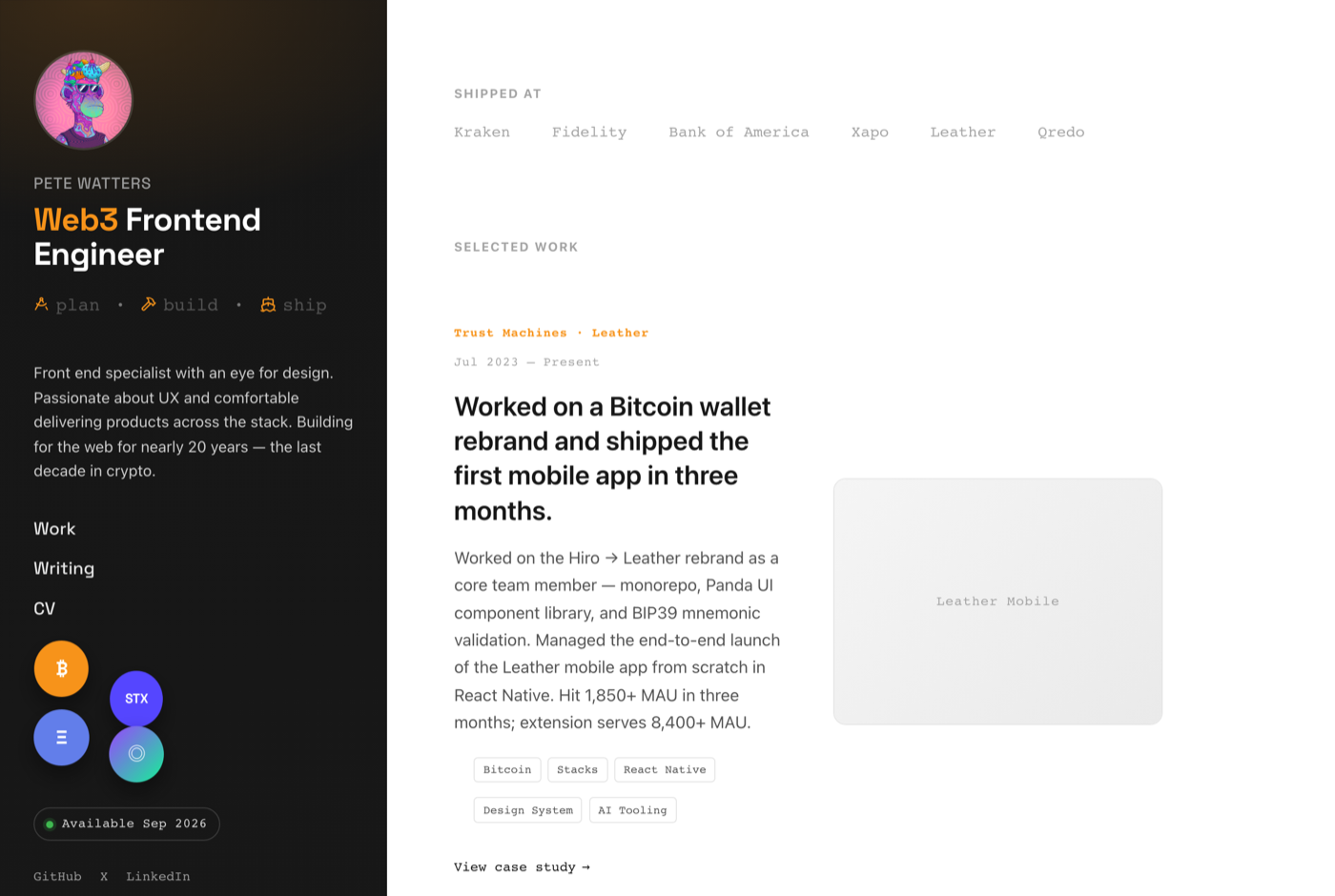 Variant B: a full-height dark sidebar holding the identity, navigation, coins and links, with light content on the right.
