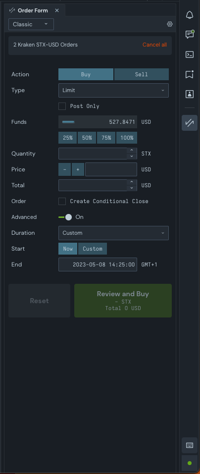 Cryptowatch multi-exchange order form with buy/sell toggle, order type, funds field, and advanced conditional-close options