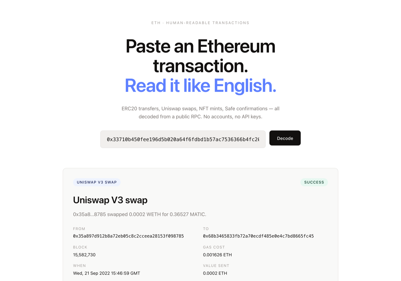eth-hrt decoding a Uniswap V3 swap — 'swapped 0.0002 WETH for 0.36527 MATIC' with from/to, block, gas cost, and timestamp details