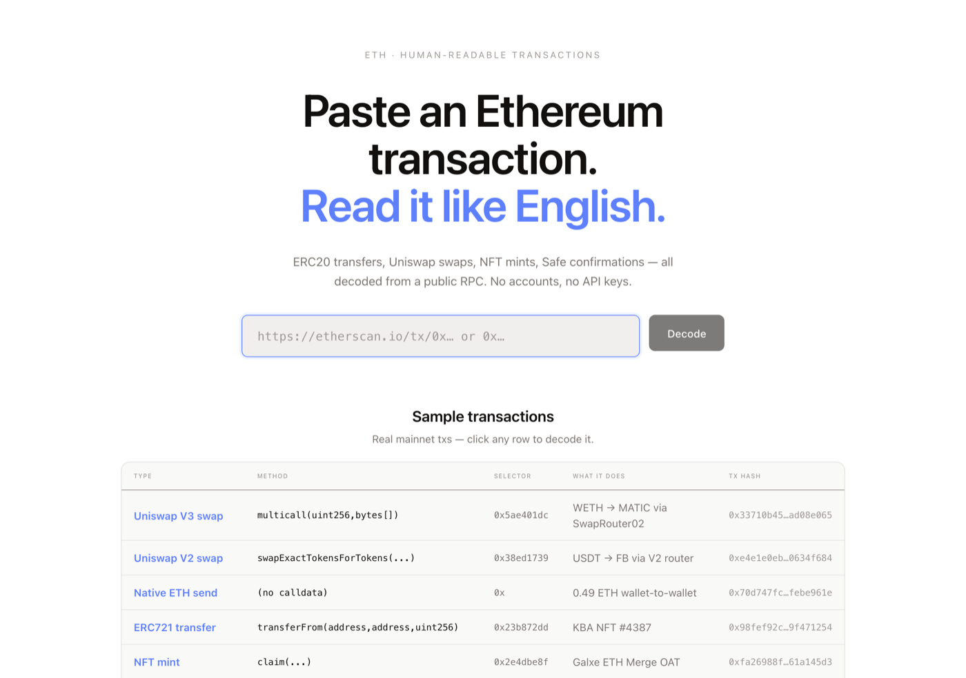 Human-readable Ethereum transactions — decode a tx like English