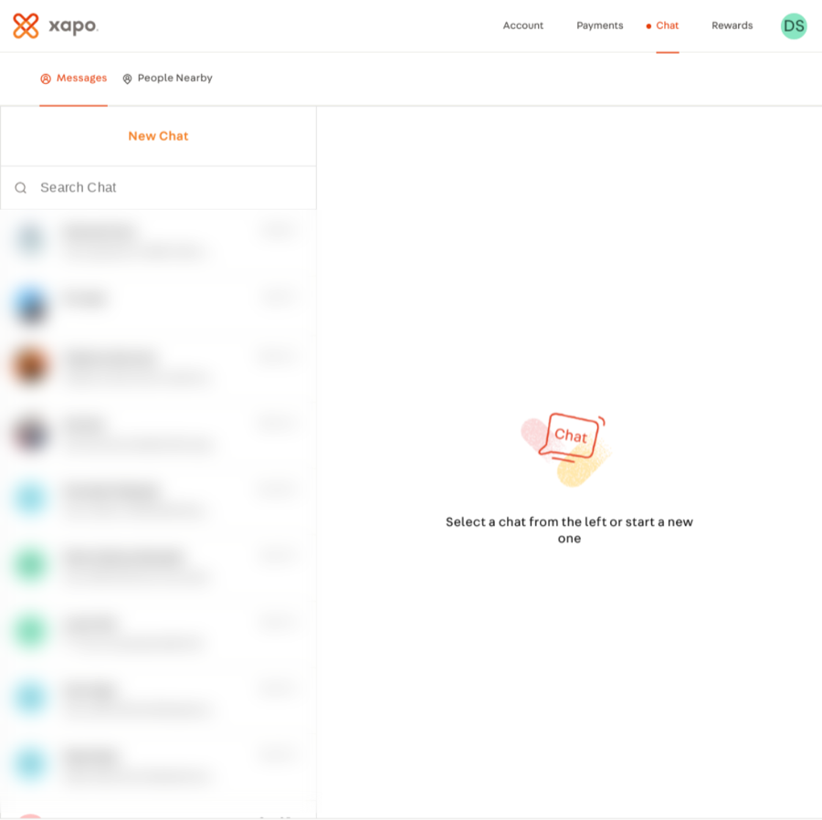 Xapo chat and People Nearby — conversations and peer-to-peer swaps, names blurred.