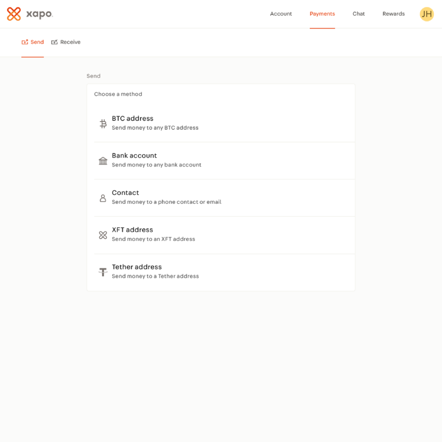 Xapo send money — choosing a method: bitcoin address, bank account, contact, or stablecoin.